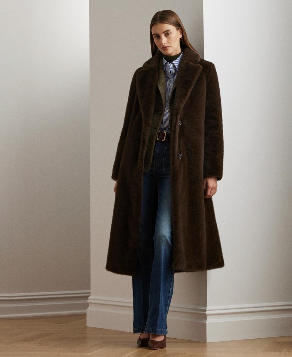 Lauren Ralph Lauren Women's Faux-Fur Single-Breasted Coat Brown Size L 3995
